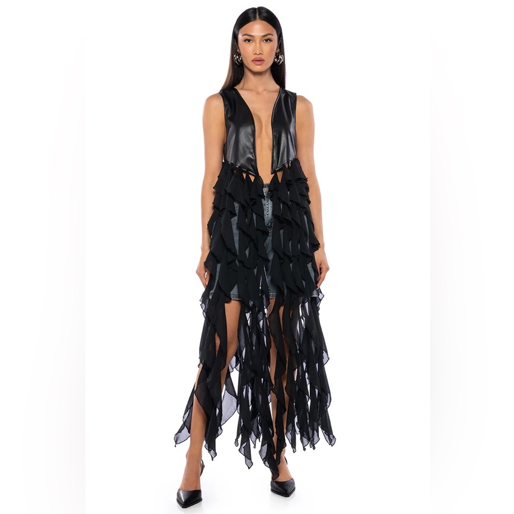 NWOT. AKIRA “Oh Honey” Waterfall Ruffle Vest In Black.  Never Worn.
